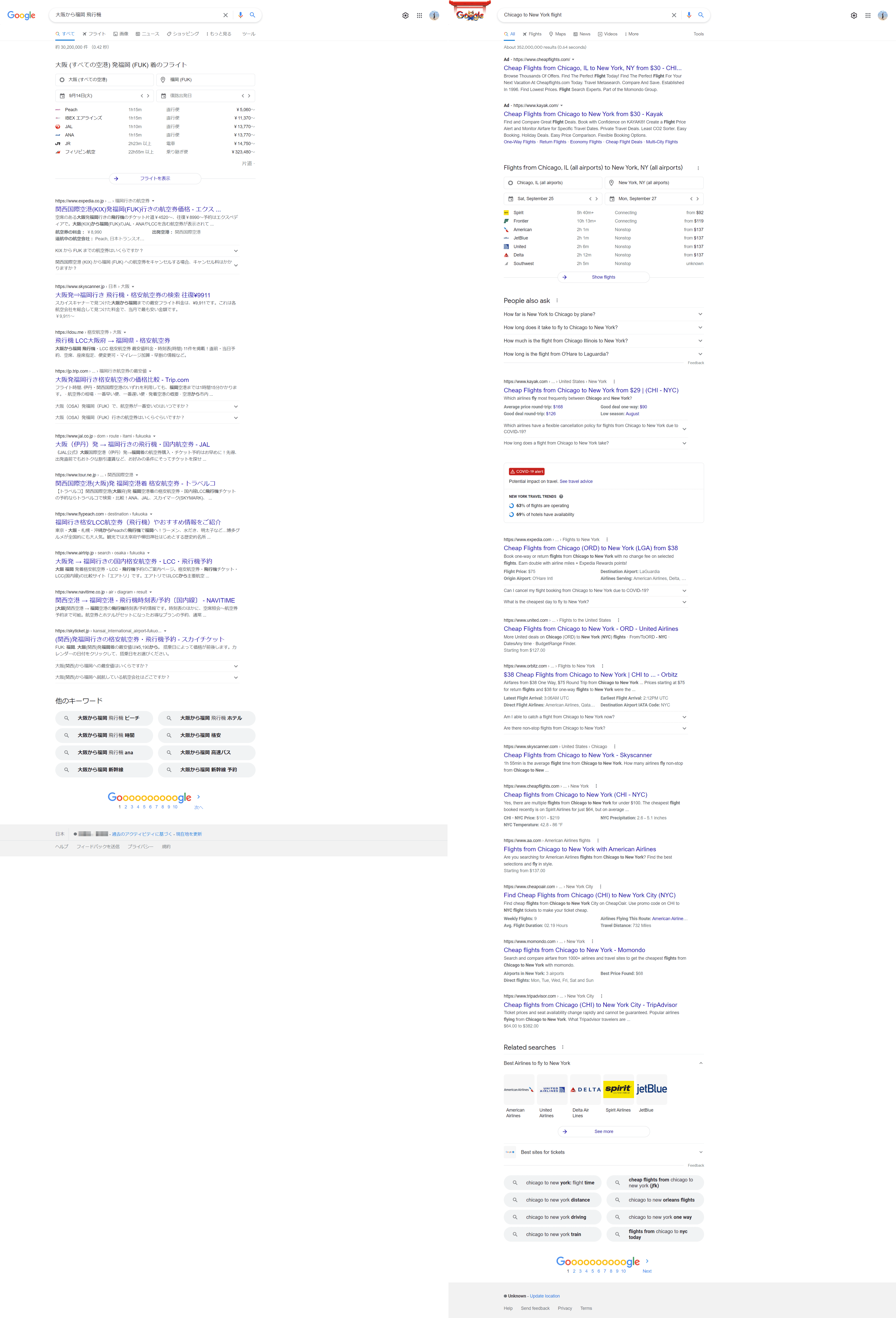 アメリカや日本のGoogleでflightの検索結果ページのイメージ図